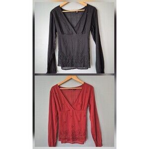 Magazine 2 Black Brown Long Sleeve V Neck Y2K Tie Back Beaded Tops Womens Large